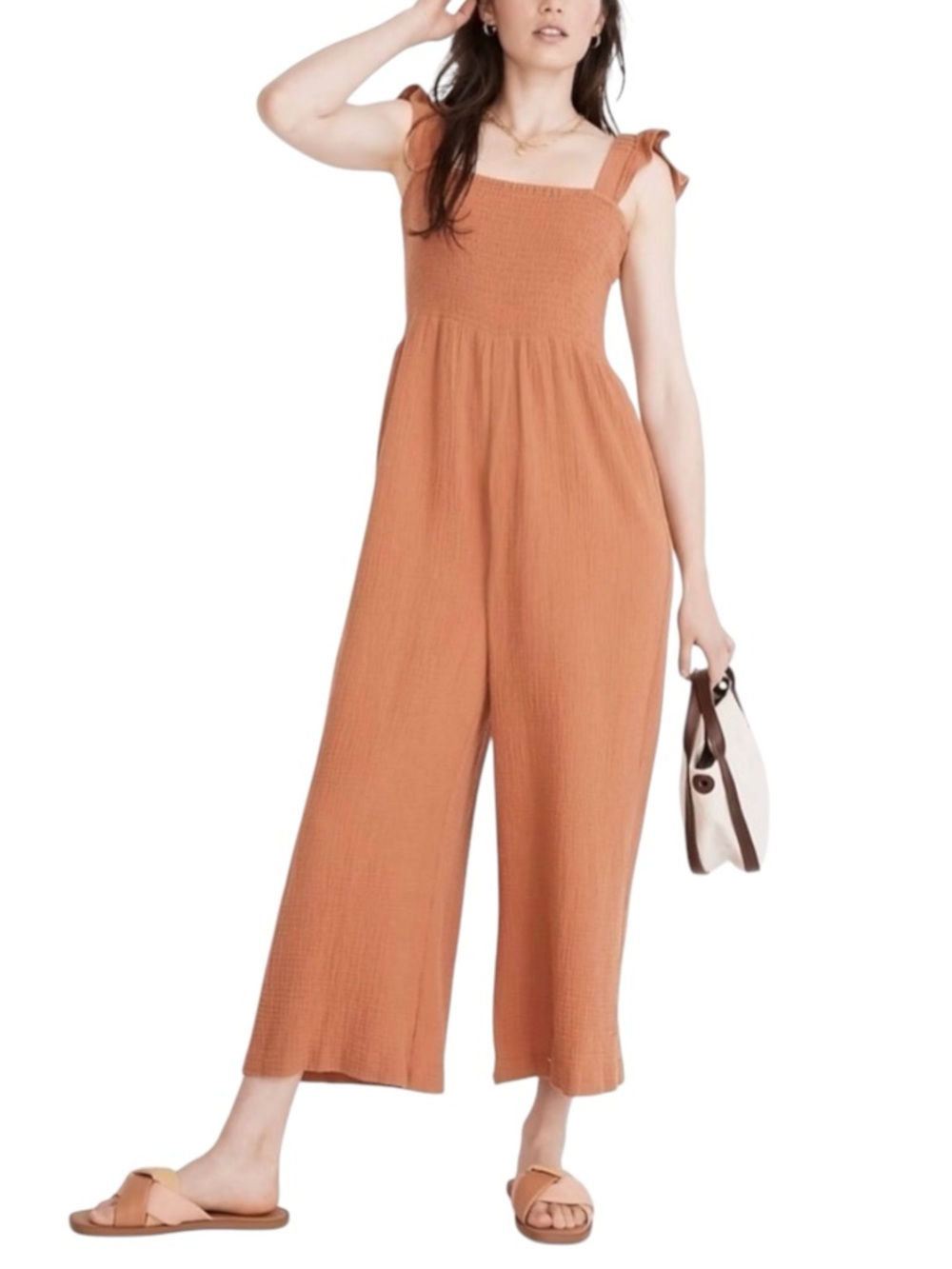 Madewell Lightspun Lucie Smocked Flutter Sleeve Wide-Leg Orange Jumpsuit 10
